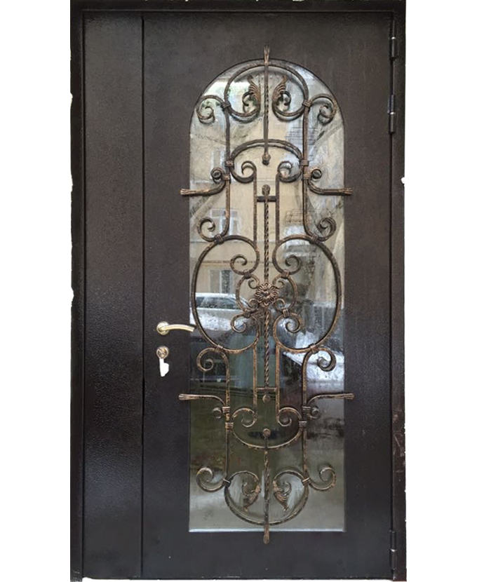 Стальная входная уличная дверь Порошок с ковкой/стеклом 1130