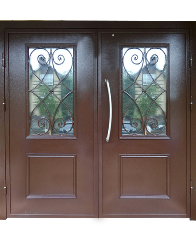 Входная двустворчатая дверь Порошок с ковкой и стеклом 1111