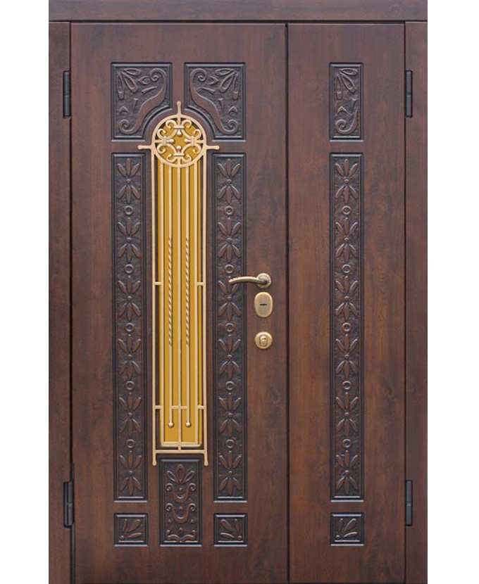 Дверь двухстворчатая металлическая входная МДФ с ковкой/стеклом 3153
