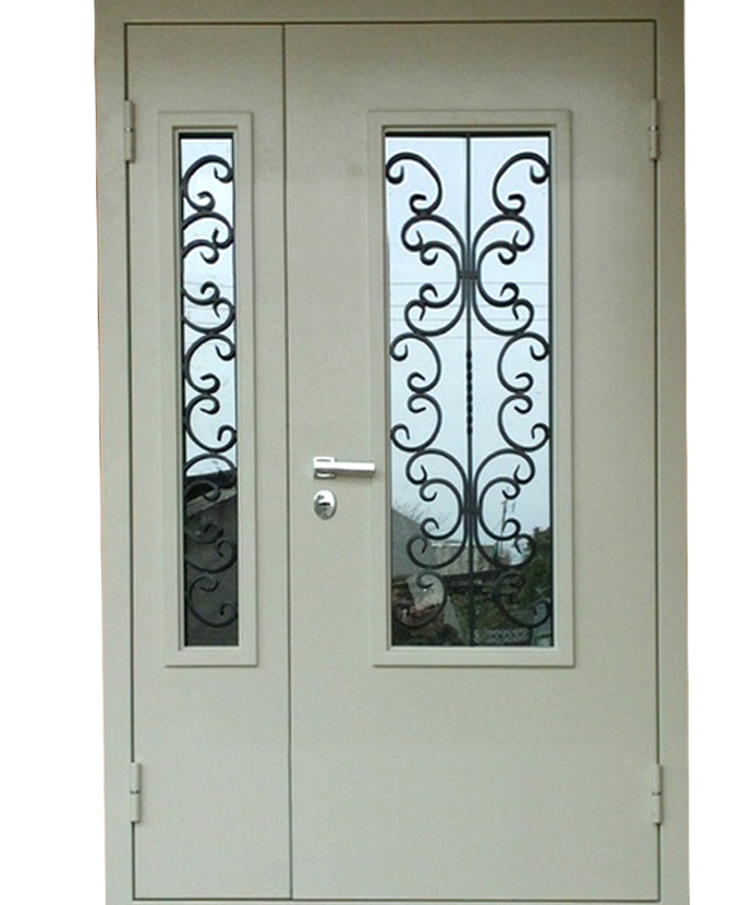 Стальная двустворчатая дверь Порошок с ковкой и стеклом 1112